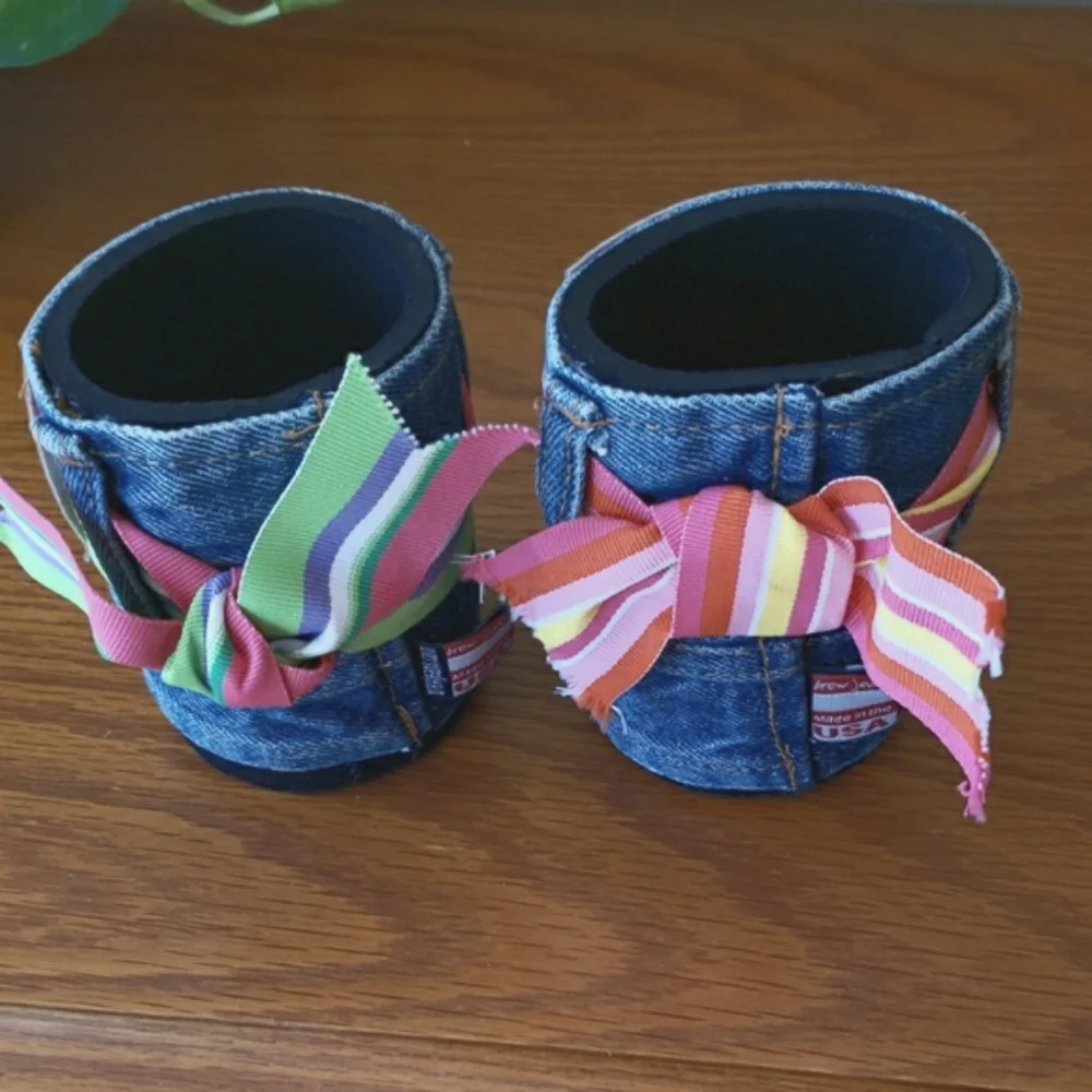 (2) Froo Jeans Denim Koozies with Colorful Ribbons
